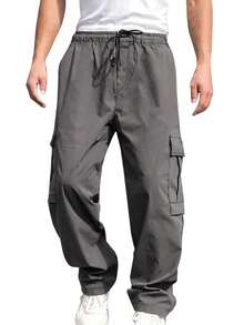 Pantalón casual de hombre estilo Y2K, pierna recta holgada con múltiples bolsillos, cintura con cordón y bolsillos con solapa a ambos lados - Gris - Ver 2
