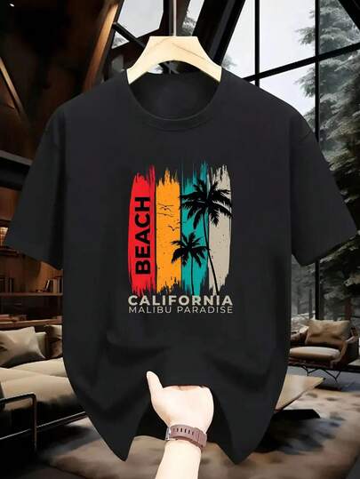 Men'S Casual Summer T-Shirt - California Beach Design With Palm Trees & "BEACH" Text Short Sleeve Round Neck Lightweight Polyester Blend Perfect For Beach-Themed Outings Beach T Shirtgraphic Tees Men Shirts Streetwear White Shirt Black Shirt