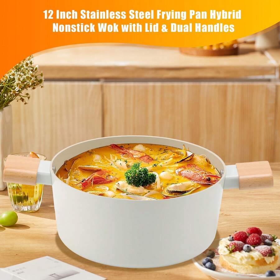 Olla de cocina de olla no pegajosa de 24 cm con tapa y mango, compatible con la inducción - Blanco - Ver 1