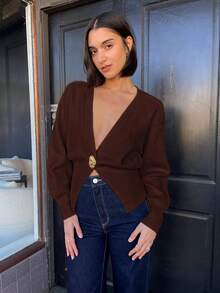 V-Ausschnitt einfarbiger Metall-Knopf eleganter, vielseitiger Strick-Cardigan