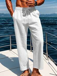 Men's Casual Cotton Linen Pants Solid Color Drawstring Waistband Wide Leg Beach Trousers - 白色 - 查看 2