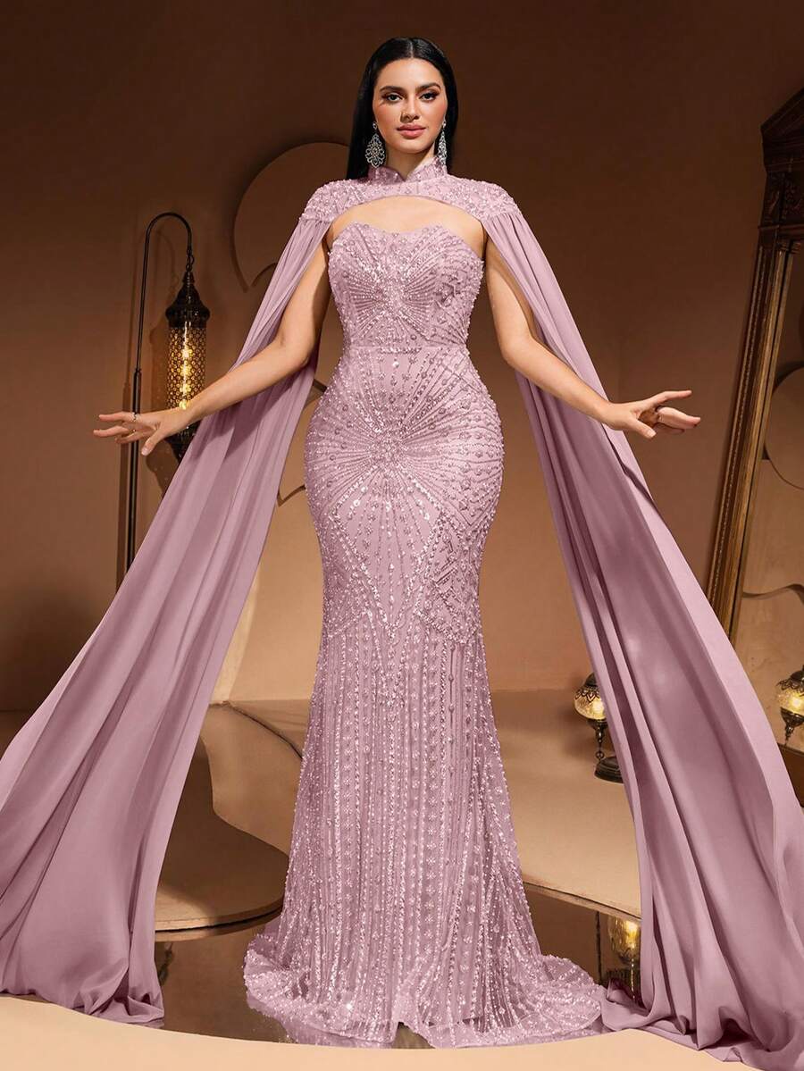 New Luxury High-End Elegant Women's Mermaid Tail Lace Patchwork Chiffon Flare Sleeve Floor-Length Dress, Suitable For Formal Evening Parties, Galas, Weddings, Red Carpet Events, Bridal Gowns, For Valentine's Day - 淺粉色 - 查看 1