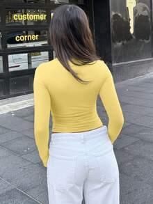 Camiseta de manga larga con cuello alto de unicolor casual Y2K para mujer, otoño