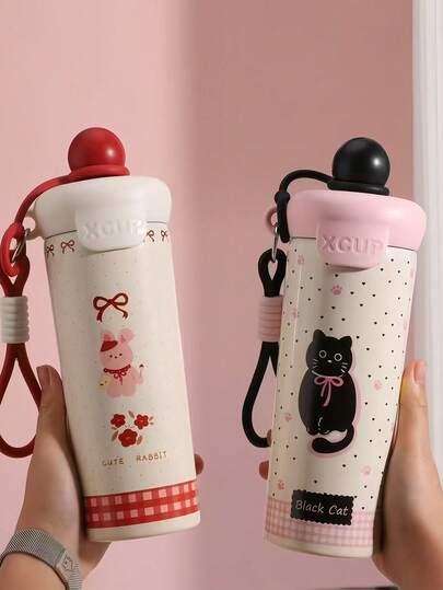 1个不锈钢便携式吸管杯，高颜值创意漂浮水杯，大容量杯，便携式绳吸管杯，可爱动物漂浮行走杯，卡通咖啡杯，创意礼品绳杯，便携式绳漂浮杯