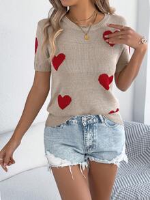 Spring Summer Valentine's Day Casual Resort Chic Heart Pattern Short Sleeve Knit Women T-Shirt Top - 卡其色 - 查看 3