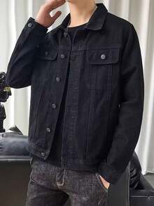 Thick Denim Regular Jacket Coat For Men, Black Casual Streetwear, Fashion , Autumn/Spring