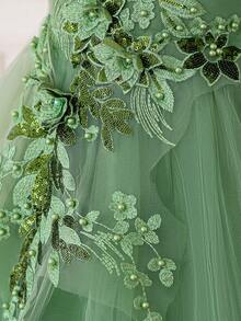 Young Girls Applique Mesh Satin Elegant Train Party Dress Suitable For Prom, Without Headband - Green - View 8
