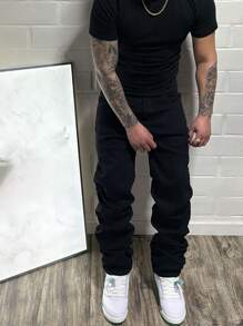 Cotton Straight Leg Washed Jeans With Slanted Pockets, Versatile Wide-Leg Washed Jeans, Loose Straight Fit Couples Style
