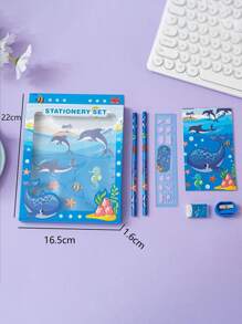 1 Set de suministros de papelería de regalo con diseño de dibujos animados para estudiantes que incluye estuche para lápices, bolsa con cremallera y artículos de papelería en una caja con diseño de regreso a la escuela