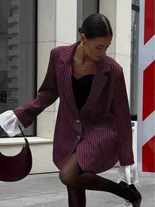 1pc Striped Woven Fabric Front Button Pocket Blazer For Women, Office Wear Autumn Spring - Burgundy - View 4