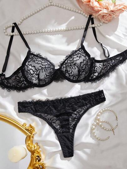 Lencería negra con encaje y bordado de pestañas, ropa interior de mujer sexy, cómoda y romántica con encanto floral, estilo "chica mala"