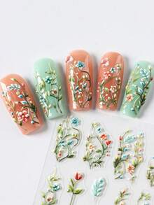 2pcs 5D Embossed Green Vine Leaf Floral Bouquet Nail Art Stickers, Fresh Colorful Blooming Five Petal Flower Leaf Nail Decals Wedding Nails Designs DIY Nail Supplies Relief Charms Decoration - Green - View 6