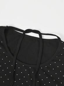 女士系领波点印花长袖修身T恤上衣，休闲度假春季黑色 - 黑色 - 查看 3