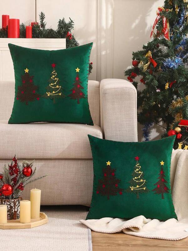 1 pieza Funda de almohada con árbol de Navidad bordado, sin relleno, de material de terciopelo para decoración navideña y de Año Nuevo en salas de estar y jardines al aire libre, decoración navideña, regalos navideños (SIN RELLENO)