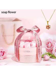 1件浪漫情人节9朵玫瑰香皂花圆形礼盒，女士礼物，情人节送给女友/妻子的最佳选择（不含项链） - 彩色 - 查看 3