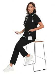 Đồng phục phẫu thuật dành cho nữ điều dưỡng, áo và quần đồng phục, đồng phục y tế, đồng phục thẩm mỹ viện, spa, bệnh viện, trang phục công sở, màu đen mùa xuân. - màu đen - Xem 7