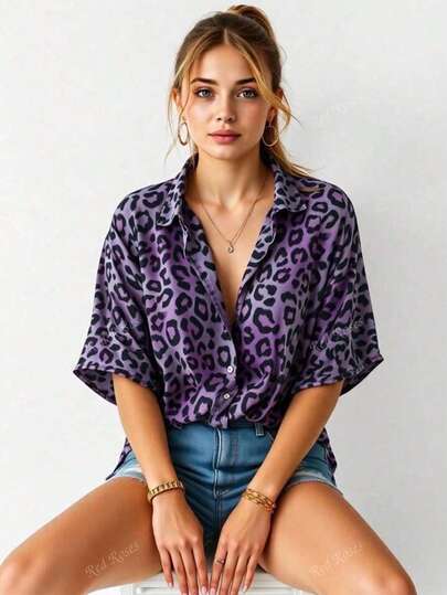 Women's Leopard Print Short Sleeve Button-Up Shirt - Festival Ready Blouse For Spring Summer Fall, Casual Daily Wear & Vacation Outfits Plus-Size Autumn Shirt, Back-To-School Clothing, Halloween Clothing, Christmas Clothing, Women's Teacher Clothing, Going Out Clothing, Leopard Korean-Style Shirt