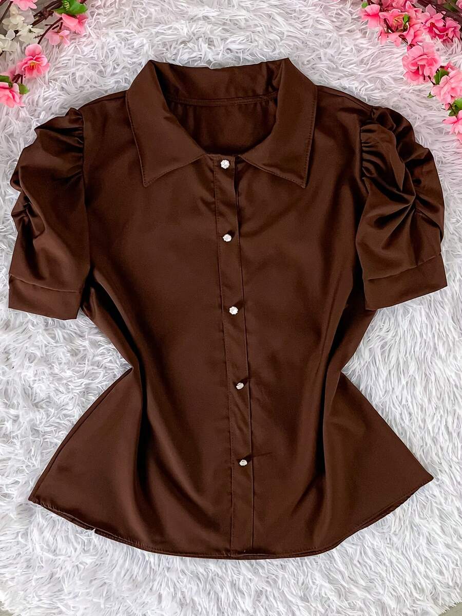 Women's Fashion Collared Blouse With Buttons On The Front, Code 1 - Brown - View 1