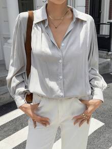 女士秋冬休闲常规衬衫，中式风格，适合派对、聚会、购物、节日、圣帕特里克节、复活节、情人节、圣诞节、感恩节，舒适、百搭、宽松、修身、时尚、春夏、前扣、日常穿着 - 淺灰色 - 查看 1