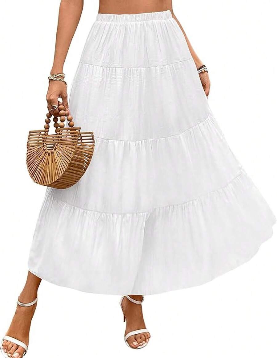 Women's Boho Maxi Skirt Summer Flowy Long Tiered A-Line Elastic High Waist Pleated Beach Skirt - 白色 - 查看 1