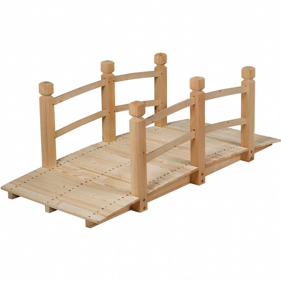 5' Wooden Bridge Stained Finish Decorative Solid Wood Garden Pond Arch Walkway - Original Wood Color - View 1