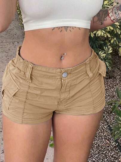 Y2K街头风弹力腰带翻盖口袋侧边工装短裤，纯色休闲日常短裤，夏季款