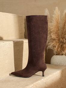 Women's Pointed Toe Mid-Heel Over-The-Knee Boots, Slip-On, Elegant Party Western Style Kitten Heel, Beautiful & Graceful For Commuting, Synthetic Fiber, Autumn/Winter Over-The-Knee High Heels,Burgundy Heels - Brown - View 5