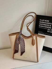 时尚纯色围巾装饰 PU 托特包，大容量通勤复古简约单肩包，百搭手提包，适合女性 - 米色 - 查看 2