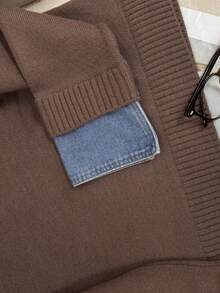 韩版牛仔拼布针织套头衫，女款，秋冬 - 咖啡棕 - 查看 6
