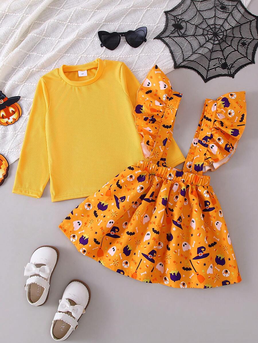 2 pezzi Set casual da ragazza per Ognissanti, composto da top a maniche lunghe in tinta unita abbinato a gonna salopette con stampa grafica casuale a tema Ognissanti, adatto per autunno/inverno - Multicolore - Visualizzare 1