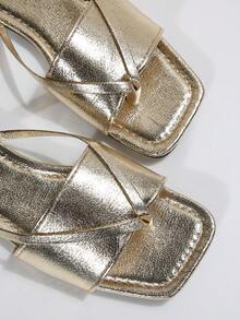 2025 New Square Toe Criss-Cross Design Sandals, Elegant And Vintage-Inspired, Versatile For Dresses In Spring/Summer - Gold - View 5