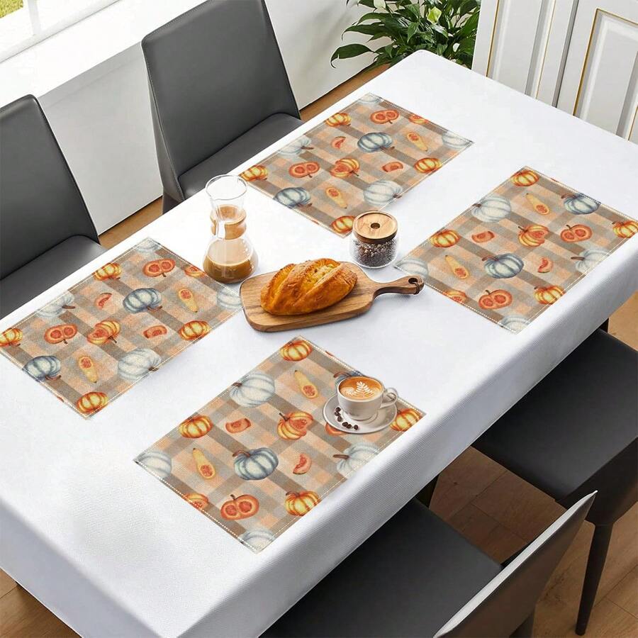 1 pieza/4 piezas/6 piezas Manteles individuales de lino con estampado de calabaza, decoración del hogar, decoración de Acción de Gracias, regalo de Acción de Gracias, adecuado para mesa de comedor, todo el año, manteles de mesa modernos lavables, decoración de habitación, manteles individuales, posavasos, manteles de cocina y comedor, decoración de fiesta interior y exterior, decoración del hogar, regalo ideal
