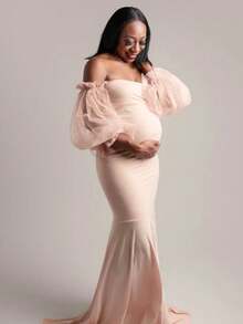 JustVH 孕妇V领露肩鱼尾网纱泡泡袖长裙，适合拍照和婴儿派对 - 米色 - 查看 3