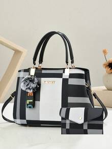 2pcs/Set New Luxury Women Handbag, Patchwork Versatile Crossbody Bag, Designer Brand Plaid Shoulder Bag - Black - View 9