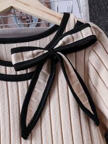 Girls Elegant Bow Collar Long Sleeve Dress, Suitable For Casual Daily Wear, Autumn - Apricot - View 3