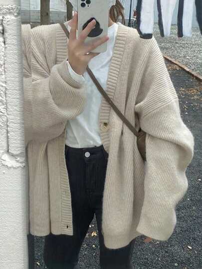 Alicedudu Cardigan tricoté à manches longues et épaules tombantes, couleur unie, style décontracté pour femmes, automne/hiver