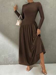 Vestido ajustado de estilo elegante y casual para ir al trabajo, con cuello redondo pequeño, manga larga, cintura plisada y falda en línea A