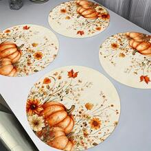 4/6/8pcs Round Placemats - Autumn Floral Pumpkin Design, 15 Inch Polyester Washable Table Mats, Seasonal Kitchen Dining Decor Suitable For Thanksgiving, Halloween Parties And Home Decoration - 15 Inches - View 3