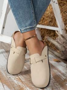 女式 2025 新款夏季平底金属扣复古百搭穆勒拖鞋，时尚休闲轻便舒适一脚蹬露背凉鞋 - 米色 - 查看 5