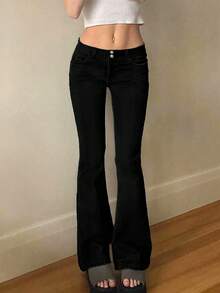TOP Cross-Border European And American Street Fashion Y2K Hot Girls Tight-Fitting Low-Waisted Women's Flared Pants - Black - View 4