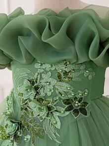 Young Girls Applique Mesh Satin Elegant Train Party Dress Suitable For Prom, Without Headband - Green - View 7