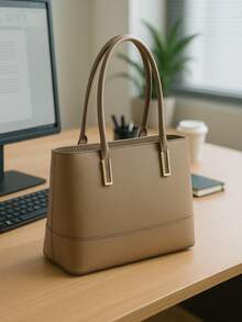 Classic Work Tote Bag Stylish Large Capacity PU Leather With Multiple Compartments - 卡其色 - 查看 1