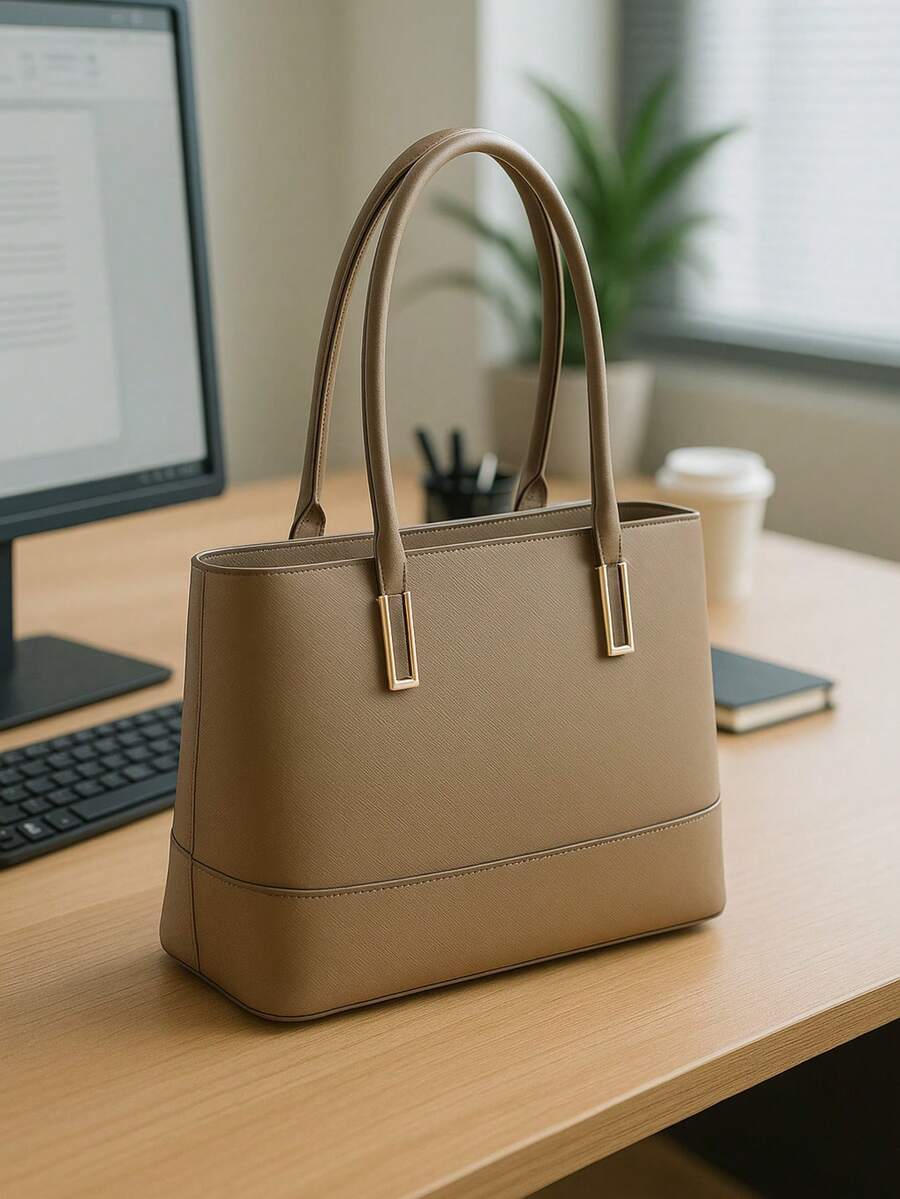 Classic Work Tote Bag Stylish Large Capacity PU Leather With Multiple Compartments - 卡其色 - 查看 1
