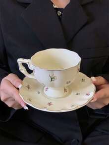 Zestaw 1 filiżanki do kawy i spodka z francuskim złotym rantem i kwiatowym wzorem, zabytkowa, ekskluzywna filiżanka do kawy z płatkami, ekskluzywny kubek deserowy, kubek na mleko śniadaniowe, talerzyk na przekąski, odpowiedni do domu, restauracji, kawiarni, cukierni, prezentu dla przyjaciół, zastawy stołowej, imprezy - Wielokolorowe - Zobacz 1