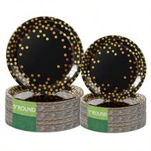 10/20/50pcs 9"/7" Black Gold-Dotted Paper Plates - Premium Disposable Tableware For Parties, Weddings & Fine Dining (Bleach-Free Pulp) - Gold Dot Black - View 2