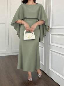 大码女式优雅修身腰连衣裙，适合春夏季 - 綠色 - 查看 5