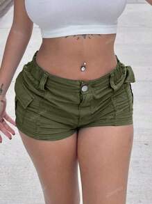 Shorts cortos de carga de unicolor con cintura elástica, bolsillo con solapa y bolsillo lateral, estilo casual sencillo para uso diario y festivales de música Y2K