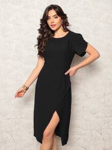 Women's Midi Dress Side Slit With Petal Sleeves Simple Daily - 黑色 - 查看 4