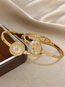 18K 镀金不锈钢浪漫金色月亮星星太阳花朵手镯镶嵌锆石，优雅可叠戴珠宝，适合女士和女孩，妈妈礼物，返校礼物，万圣节礼物，夏季旅行海滩珠宝，波西米亚风格珠宝，狂欢/舞会/派对/日常配饰，生日礼物