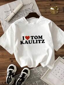 Women's-Shirt Casual Round Neck Black White Options I ♥   TOM KAULITZ Print Graphic Tee Summer Daily Wear Shirts Summer Tops Graphic Tees Summer Outfits Women Graphic Tees Women Crop Tops Tops Women Vintage Cotton Cute Clothes Women - trắng - Xem 2
